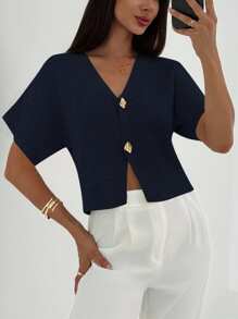 Aloruh New Minimalist Fashion Commuter Deep V-Neck Short Sleeve Thin Double-Button Cinched Waist Fitted Casual Cardigan,Fall - Navy Blue - View 5