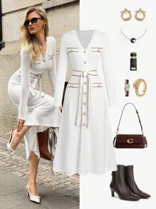 Elyressa French Casual Color Block Lace-Up Women's Dress Fall Cloth For Women - White - View 1