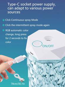 One Usb-Powered High-Capacity Acrylic Crystal Humidifier, Can Be Used As Usb Night Light, Desk Lamp, And Crystal Atmosphere Lamp. Small Aroma Diffuser For Bedroom And Home (Do Not Use Oil-Based Perfume Or Essence). The Lid Is Not Waterproof. Seven Colors Of Rgb Automatic Color Change, Press And Hold To Fix The Color.