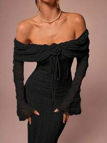 SHEIN BAE 茶歇装 甜美优雅长裙 露肩长袖连衣裙 约会装 3D花裙 - 黑色 - 查看 6