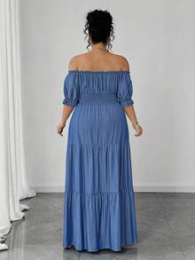 Auvina Đầm Maxi giản dị thanh lịch xẻ tà bên hông, màu xanh trơn giả denim cho nữ cỡ lớn mùa xuân/hè - Màu xanh lam - Xem 2