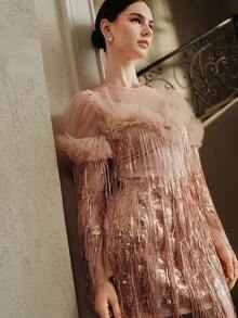 Anewsta 优雅淑女时尚流苏亮片连衣裙 - 粉色 - 查看 1