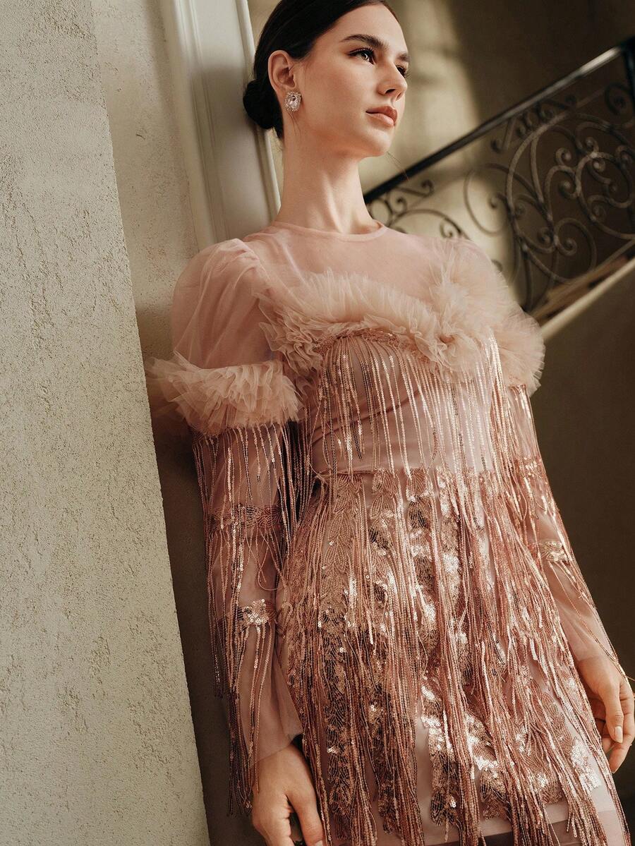 Anewsta 优雅淑女时尚流苏亮片连衣裙 - 粉色 - 查看 1