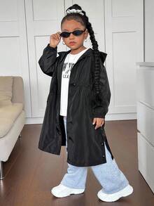 SHEIN Young Girl Solid Color Hooded Cinched Waist Long Casual Jacket,In Fall/Winter - Black - View 4