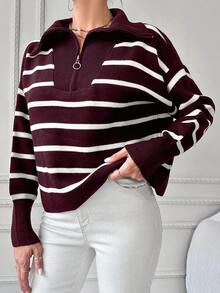 EURMUSE Maglione a maniche lunghe con chiusura lampo e righe a contrasto per donna - Bordò - Visualizzare 3