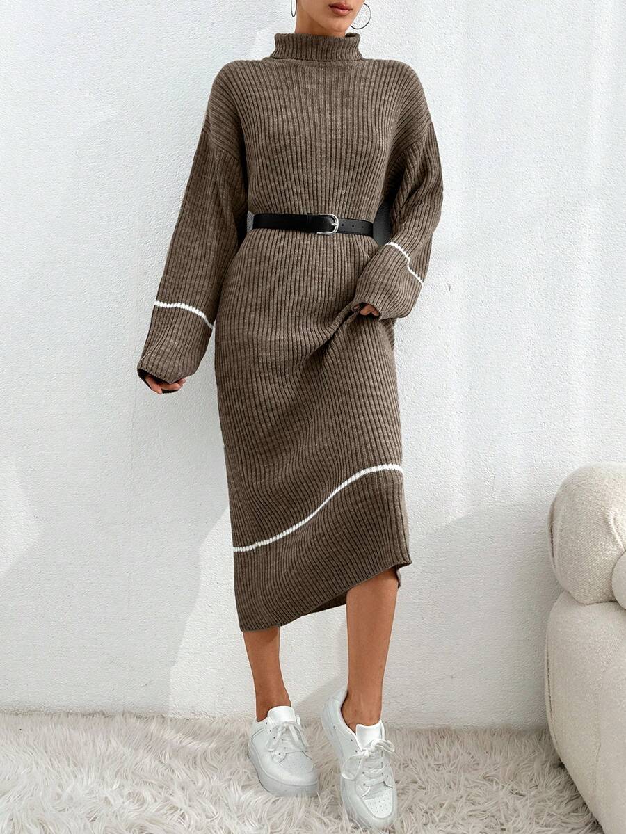 EURMUSE Women's Turtleneck Ribbed Contrast Color Long Sleeve Dress,Winter Dresses - Chocolate Brown - View 1