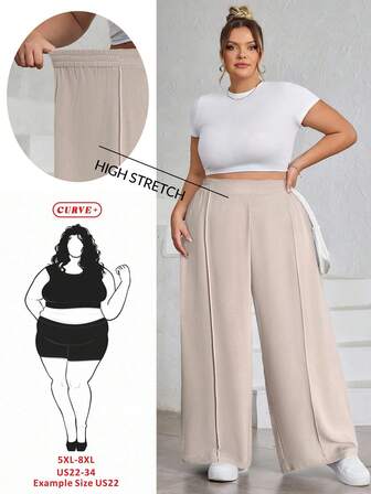 SHEIN CURVE+ Pantalones plisados de unicolor para mujer talla grande, pantalones anchos y sueltos de pierna ancha en color negro, curva plus, bohemio para vacaciones