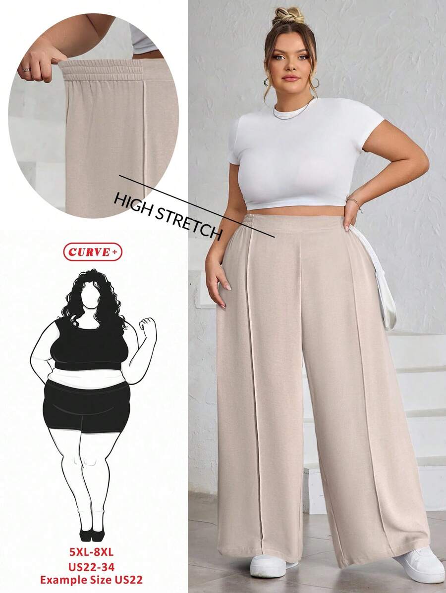 SHEIN CURVE+ 大码女式纯色褶皱裤，黑色宽松阔腿裤，曲线加大，波西米亚度假风 - 卡其色 - 查看 1