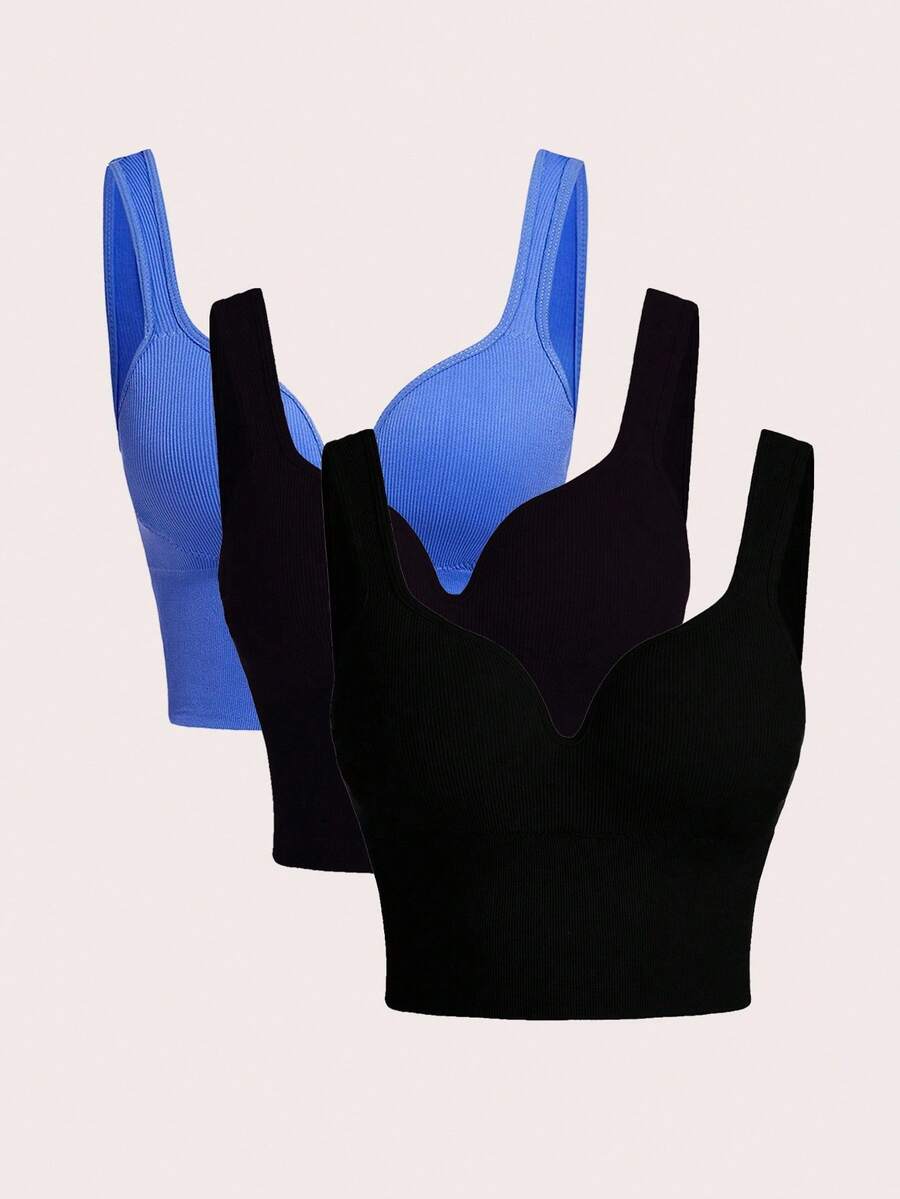 SHEIN Sports Áo Camisole thể thao gân màu trơn dành cho nữ, áo bra thể thao mặc hàng ngày, áo croptop có áo ngực tích hợp, bộ 3 áo, áo gân, áo bó sát, áo croptop gân, áo croptop bó sát, áo croptop có áo ngực tích hợp, bộ 3 áo croptop. - Nhiều màu - Xem 1