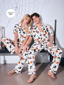 CoupledUp Halloween Pumpkin, Ghost, Magic Cat Print Casual Men Polo Collar Pajama Set - White - View 3