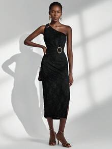 Almamuse Black Textured Vintage Elegant One Shoulder Dress, Metal Asymmetric Decor Button, Fitted Slit Cut, Women Long Dress