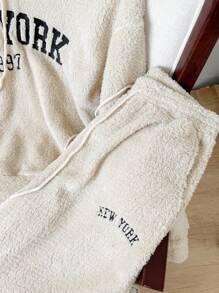 SWAVVY 2pcs Men's Casual Fluffy Hoodie And Drawstring Pants Set, For Fall Winter - Apricot - View 5