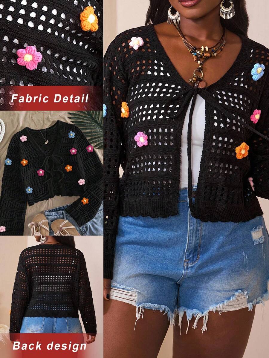 SHEIN CURVE+ Ropa de mujer de talla grande con estilo primavera/verano, cárdigan delgado con lazo frontal, ropa de otoño/invierno para mujer, CURVE PLUS - Negro - Ver 1