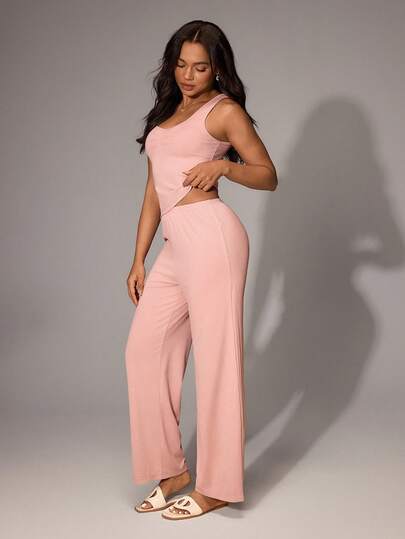  Lazeform 女士针织休闲简约褶皱方领吊带背心和裤子家居服套装