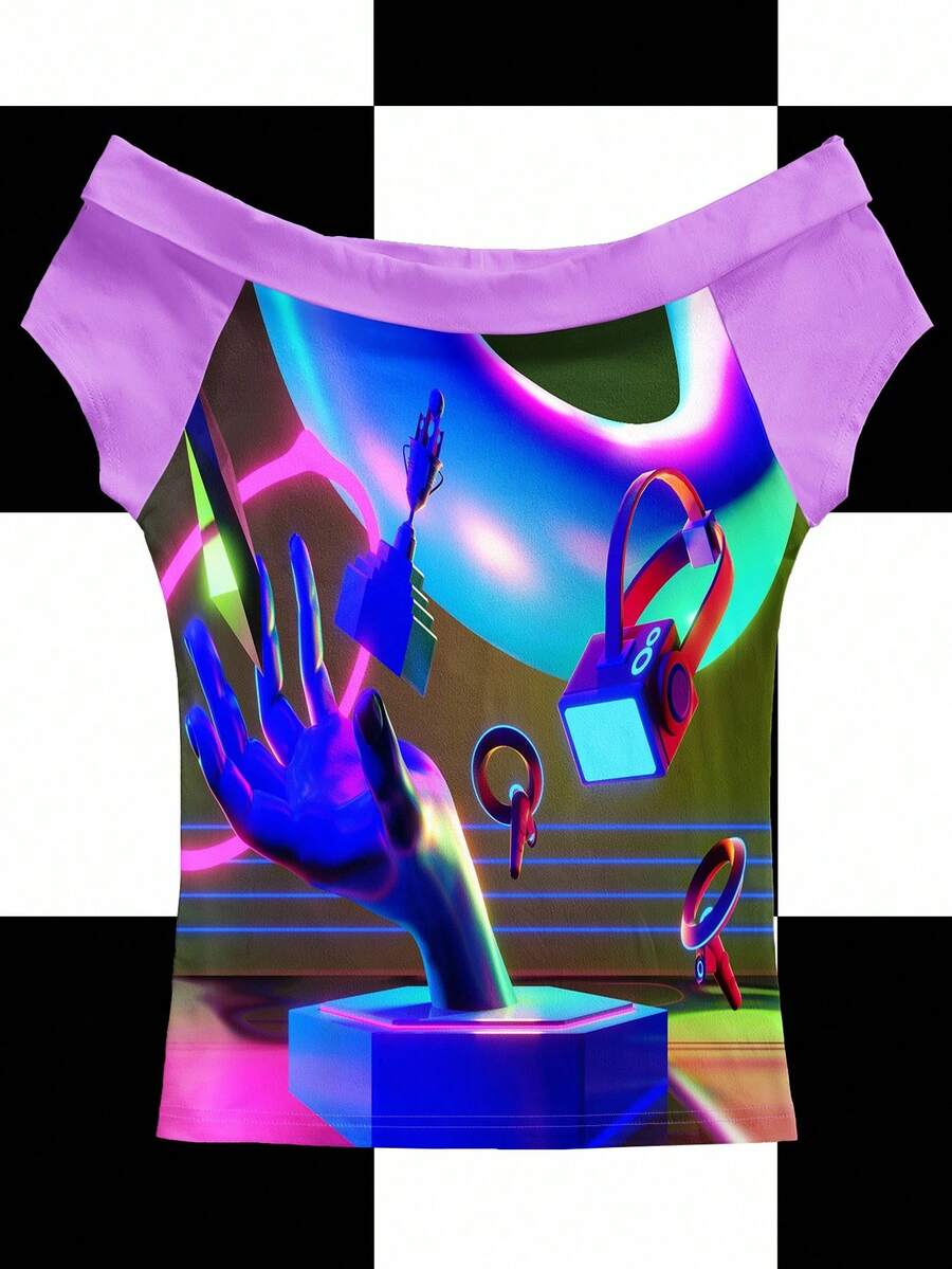 Shutterstock Colorblock Dopamine Pixel Gradient Donut Palm Sculpture Speaker Y2K Neon Digital Print Sexy Crop Top Off Shoulder T-Shirt Rave Top Graphic Tops Rave Tops Graphic Tee - Multicolor - View 1