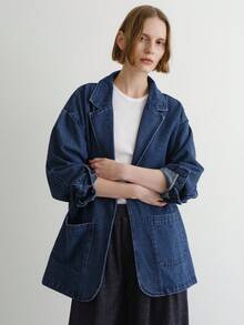 FRIFUL 女式休闲百搭宽松牛仔夹克，带双口袋 - 藍色 - 查看 8
