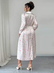 Elenzga Vestido de satén con estampado texturizado de talla grande, vestido con cuello de contraste de manga larga y puño de camisa, vestido elegante y ajustado de línea A para el té de la tarde que estiliza la cintura - Multicolor - Ver 2