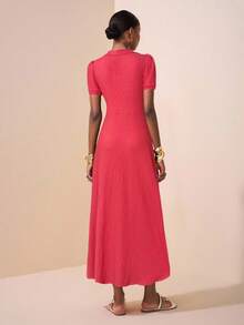 Zivah 2025 New Spring And Summer Casual Elegant Daily Dating Party Commuting POLO Collar Short Sleeves Puff Sleeves Decorative Metal Buckle Fishtail Skirt Open Hip Skirt Black Texture Knitted Fabric Long Skirt Ladies Long Dress