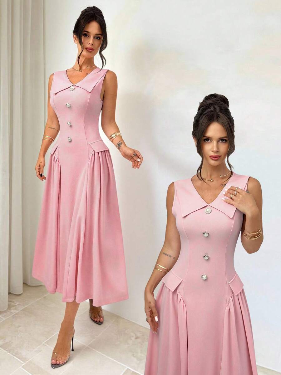 Firerie Women's Soft Pink Summer Elegant Tea Party Dress, Lapel Pearl Button Low Waist A-Line Mid-Length Sleeveless Graduation Teacher Outfits