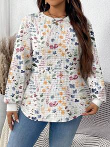 EMERY ROSE Plus Size Women Casual Colorful Floral Print Loose Fit Crew Neck Long Sleeve Sweatshirt, Waffle Texture, Fall/Winter - Multicolor - View 4