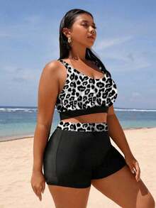 Swim Lushoire 大码豹纹圆脸比基尼套装