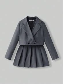 Maija Kids Maija Kids Tween Girl Notched Collar Double-Breasted Blazer & Pleated Skirt 2 Pieces Set Teen Skirt Suit Blazer Suit For Teen Girl Fall Winter - Grey - View 7