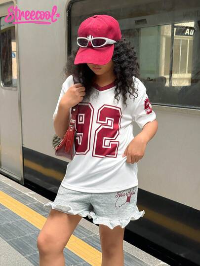 SHEIN Explorewe White Polyester V-Neck Sport Co-Ord With Short Sleeves And Pocket Details Teen Girl Clothes Baseball Outfit Jersey Outfit