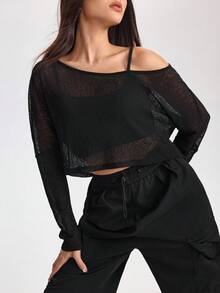 Gameset SHEIN Sport 女式宽松蝙蝠袖不对称肩部健身跑步户外运动 T 恤透明上衣，透视网眼上衣，适合外出 - 黑色 - 查看 3