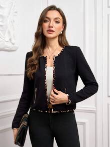Gownix Contrast Leopard Print Trim Elegant Jacket, Suitable For Everyday Wear In Fall/Winter,Winter Clothes For Women - Black - View 3