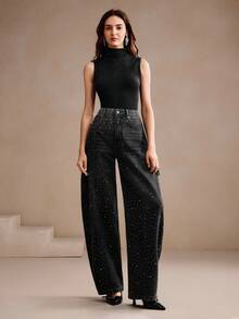 Anewsta Jeans sueltos de estilo callejero con bolsillos en diagonal, negros y con adornos de strass para mujer - Negro - Ver 5