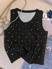 Breezaya Damen Lässig Rundhals-Tanktop mit bunter Strass-Verzierung