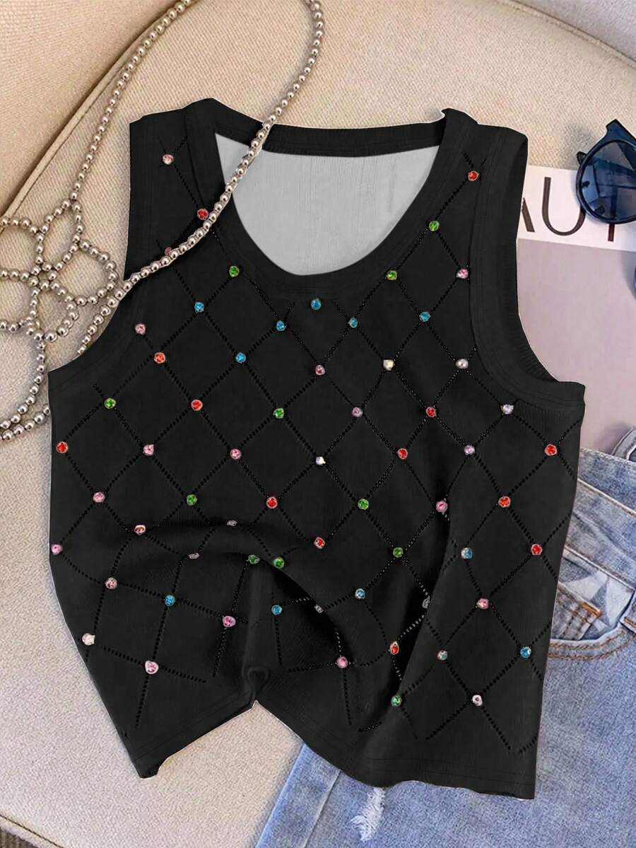 Breezaya Damen Lässig Rundhals-Tanktop mit bunter Strass-Verzierung