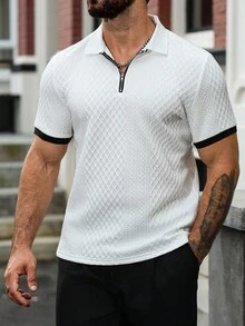 Manfinity CasualCool Men's Casual Textured Contrast Trim Short Sleeve Polo Shirt, Summer Zipper Polo Shirt Men Polo Shirt Men Golf Shirt Textured Polo Shirt Men Zipper Shirt, Old Money Style - White - View 4
