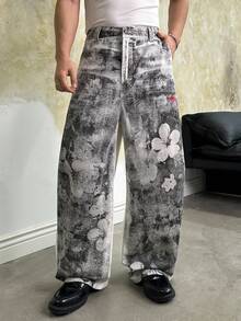 SWAVVY Men's Contrast Color Pocket Belted Loose Floral Print Straight Leg Jeans - Black - View 2