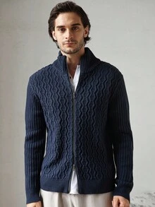 Manfinity CityGents Áo khoác cardigan nam cổ cao tay dài có khóa kéo màu trơn thời trang Old Money, dệt kim cáp, thu/đông - Xanh đậm - Xem 3