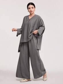 Veilorie 勃艮第红女士休闲纯色蝙蝠袖前短后长上衣和阔腿裤两件套 - 灰色 - 查看 4