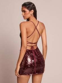 Glamine Kvinnors rygglösa festklänning med knytband - Bourgogne - Visa 2