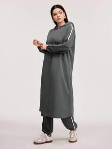 Veilorie 2 件套女士运动休闲拼色拉链连帽夹克和抽绳裤套装，秋季 2 件套 - 灰色 - 查看 3