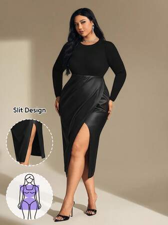 Hourglow Fall Clothes For Women,WinterPlus Size Women's Autumn Sexy PU Leather Patchwork Waist High Slit Dress ,Club Outfits Women Sexy
