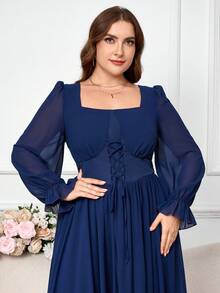 Modelyn Plus Size Solid Color Square Neck Fashion Tie-Waist Pleated Dress - Navy Blue - View 2