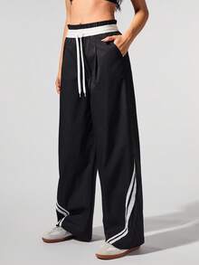 Fluxe Pantalones de chándal casuales holgados con cintura elástica y contraste de colores retro - Negro - Ver 3