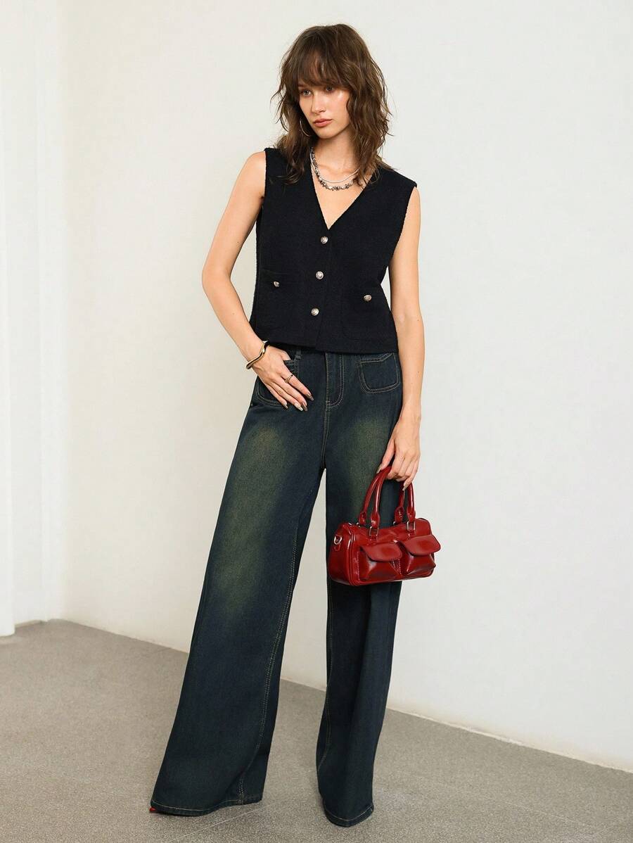 ATUI Studio 女士时尚高端黑色优雅V领单排扣西装背心，秋冬季款 - 黑色 - 查看 1