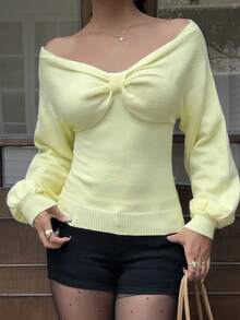 SHEIN EZwear Women's New Off Shoulder Pleated Bust Long Sleeve Sweater Top, Autumn/Winter, Light Yellow Sweater