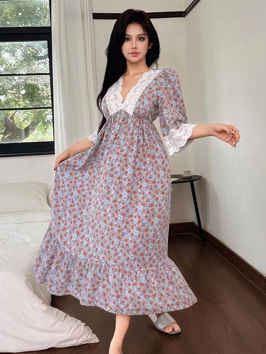 DAZY Romantic Floral Lace Patchwork V-Neck Waist Cinched Women's Nightgown, Fall Pajama, Winter - Mauve Purple - View 1
