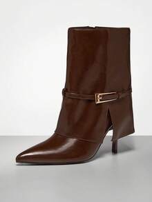 SHUZIA Botas de media pantorrilla con puntera puntiaguda, hebilla de metal y diseño plegable, glamorosas y sexys para mujeres - Marrón Chocolate - Ver 7