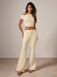 COSMINA Bộ đồ hai mảnh sequin bất đối xứng thanh lịch dành cho nữ, Thu/Đông - Màu be - Xem 3