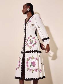 CAJUNI Women's V-Neck Lantern Sleeve Vintage Colorblock Floral Pattern Maxi Dress, Vacation Style