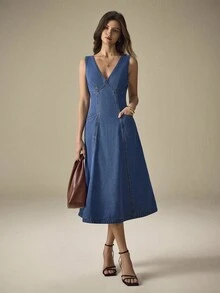 Selenza 女式休闲V领无袖牛仔收腰连衣裙，夏季 - 藍色 - 查看 5