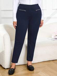 Plus Size Solid Color Zipper Casual Versatile Pants - Navy Blue - View 5
