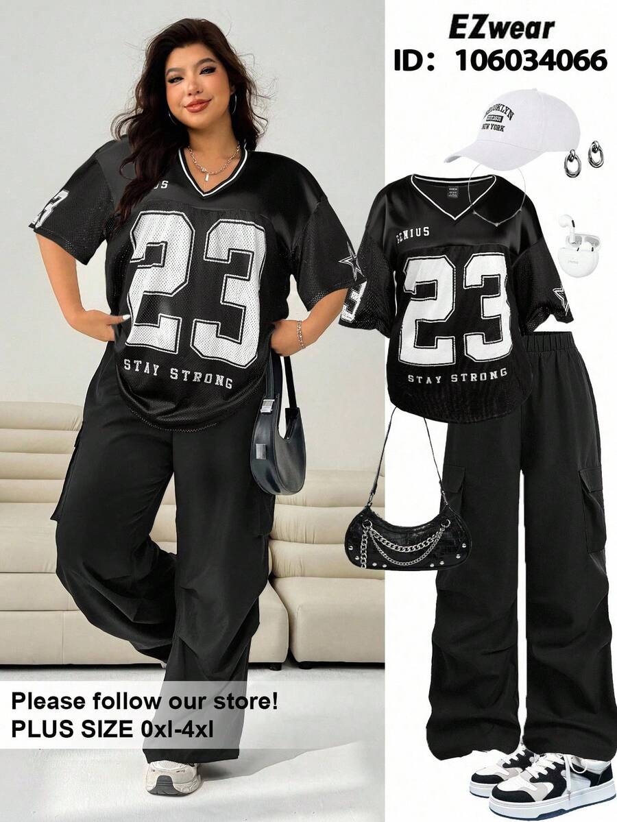 SHEIN EZwear Set de 2 piese pentru femei, cu imprimeu de litere, casual, mărime mare - Negru - Vizualizare 1